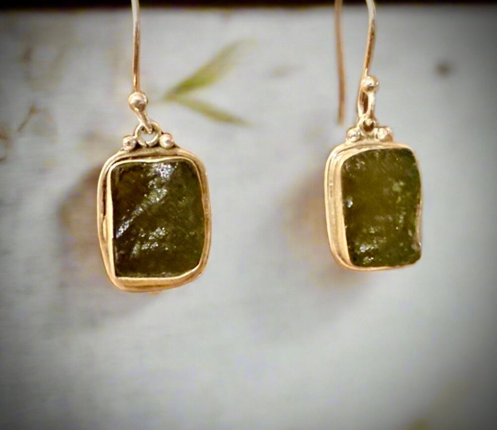Rough Square Moldavite   925 Sterling Silver Dangle Earrings  1.5”